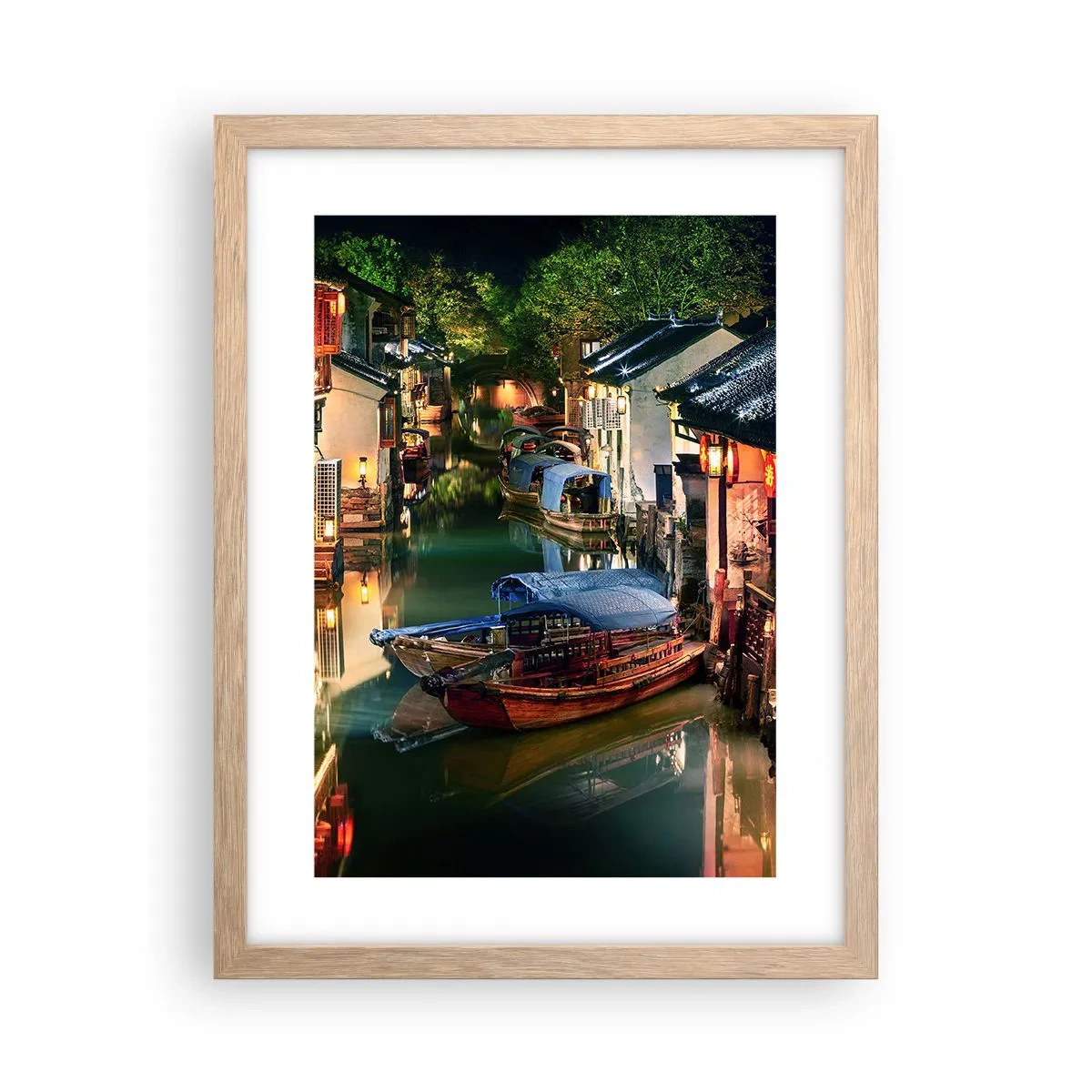 Poszter világos tölgy keretben - Este egy kínai utcán - 30x40 cm