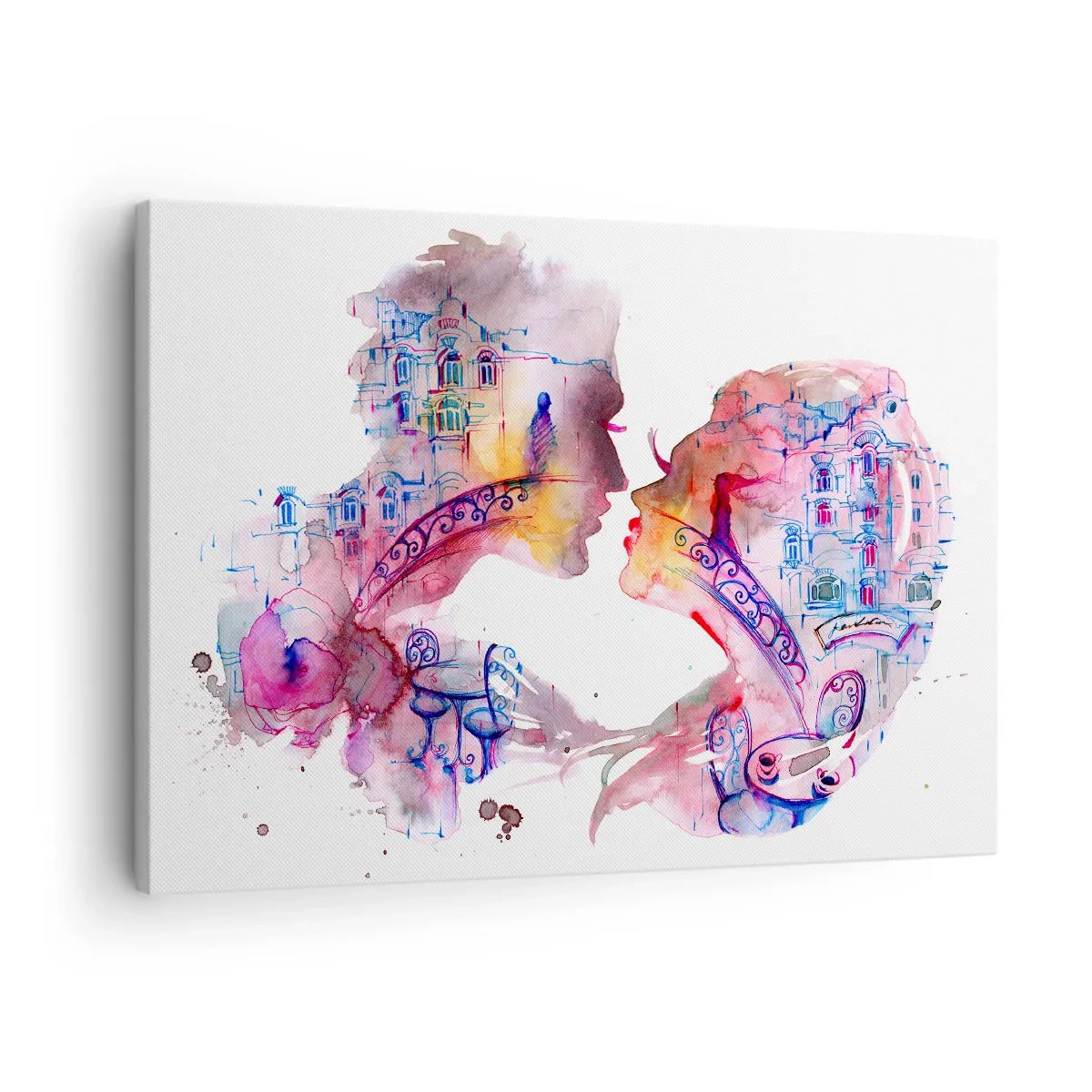 Vászonkép - Romantikus akvarell, amely szerelmesek sziluettjeit ábrázolja - 70x50cm - A sóhajok titkos hídja - Modern fali dekoráció nappalihoz és hálószobához ARTTOR