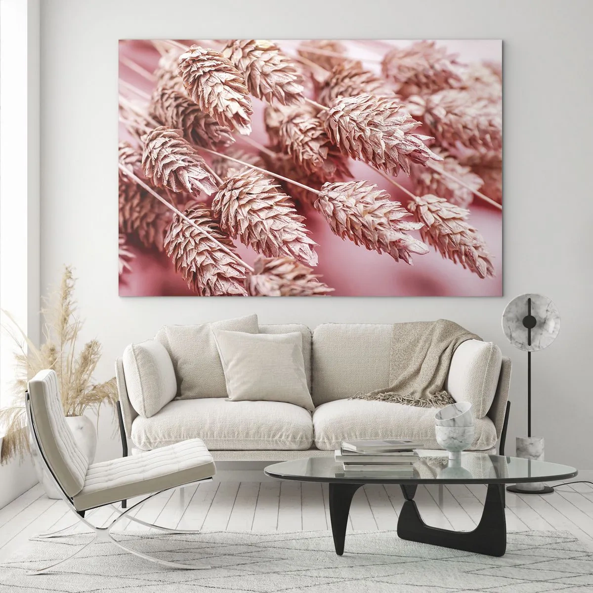 Üveg kép - Szárított kukoricafülek rózsaszín árnyalatokban pasztell háttéren - 70x50cm - Rózsaszín virágos kaszkád - Modern fali dekoráció nappalihoz és hálószobához ARTTOR