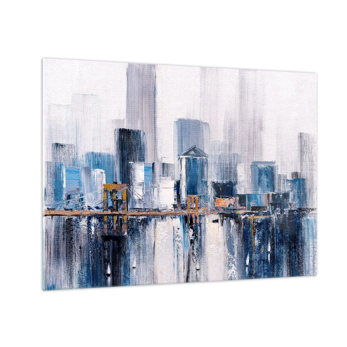 Üveg kép - Absztrakt városi panoráma felhőkarcolókkal és egy híddal, hűvös színekben - 70x50cm - New York-i benyomás - Modern fali dekoráció nappalihoz és hálószobához ARTTOR