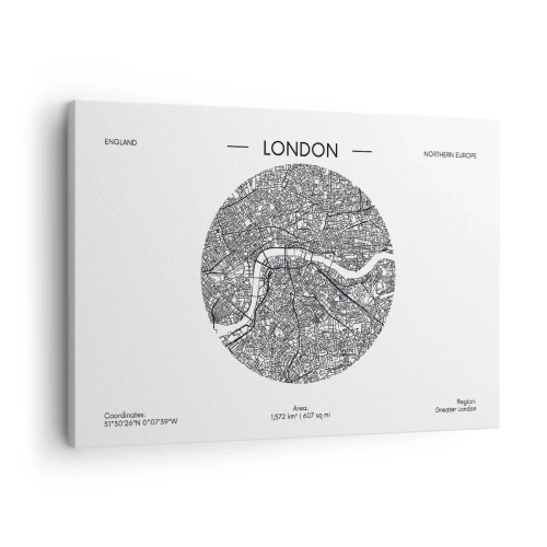Vászonkép - London minimalista térképe fekete-fehérben, precíz részletekkel. - 70x50cm - London anatómiája - Modern fali dekoráció nappalihoz és hálószobához ARTTOR