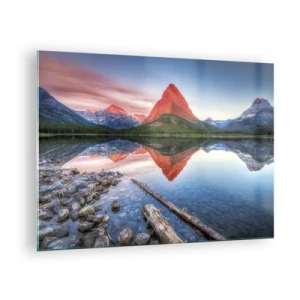 Üveg kép - Egy hegycsúcs tükröződik egy nyugodt tóban - 70x50cm - Forróság és hideg - Modern fali dekoráció nappalihoz és hálószobához ARTTOR