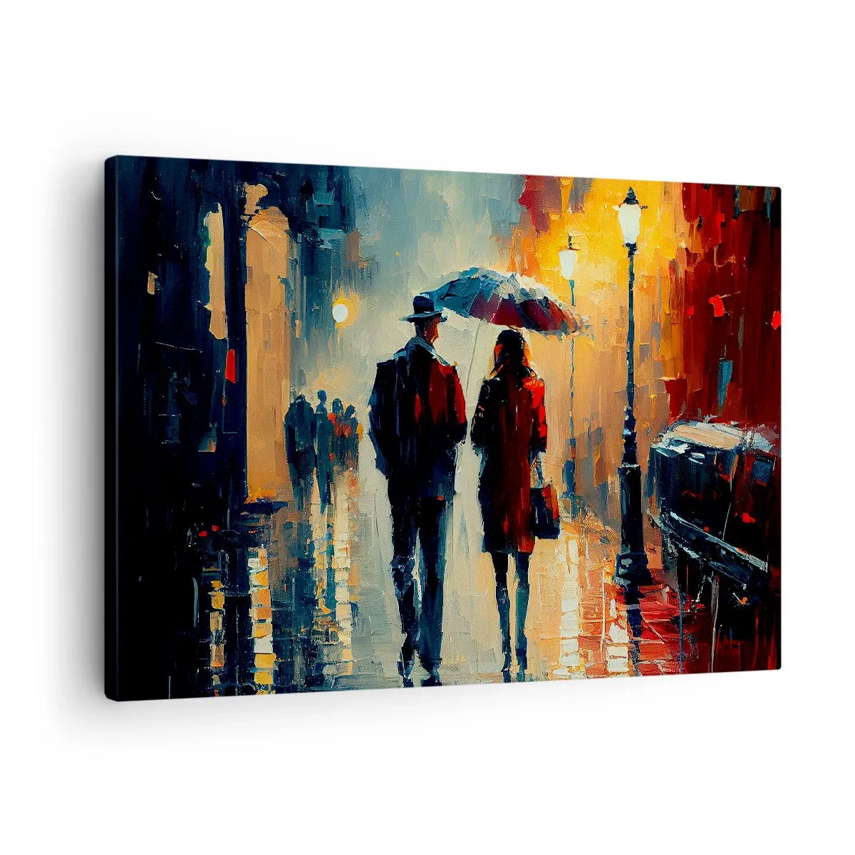Vászonkép - Séta az esőben egy esernyő alatt a városban éjszaka - 70x50cm - Városi love strory - Modern fali dekoráció nappalihoz és hálószobához ARTTOR