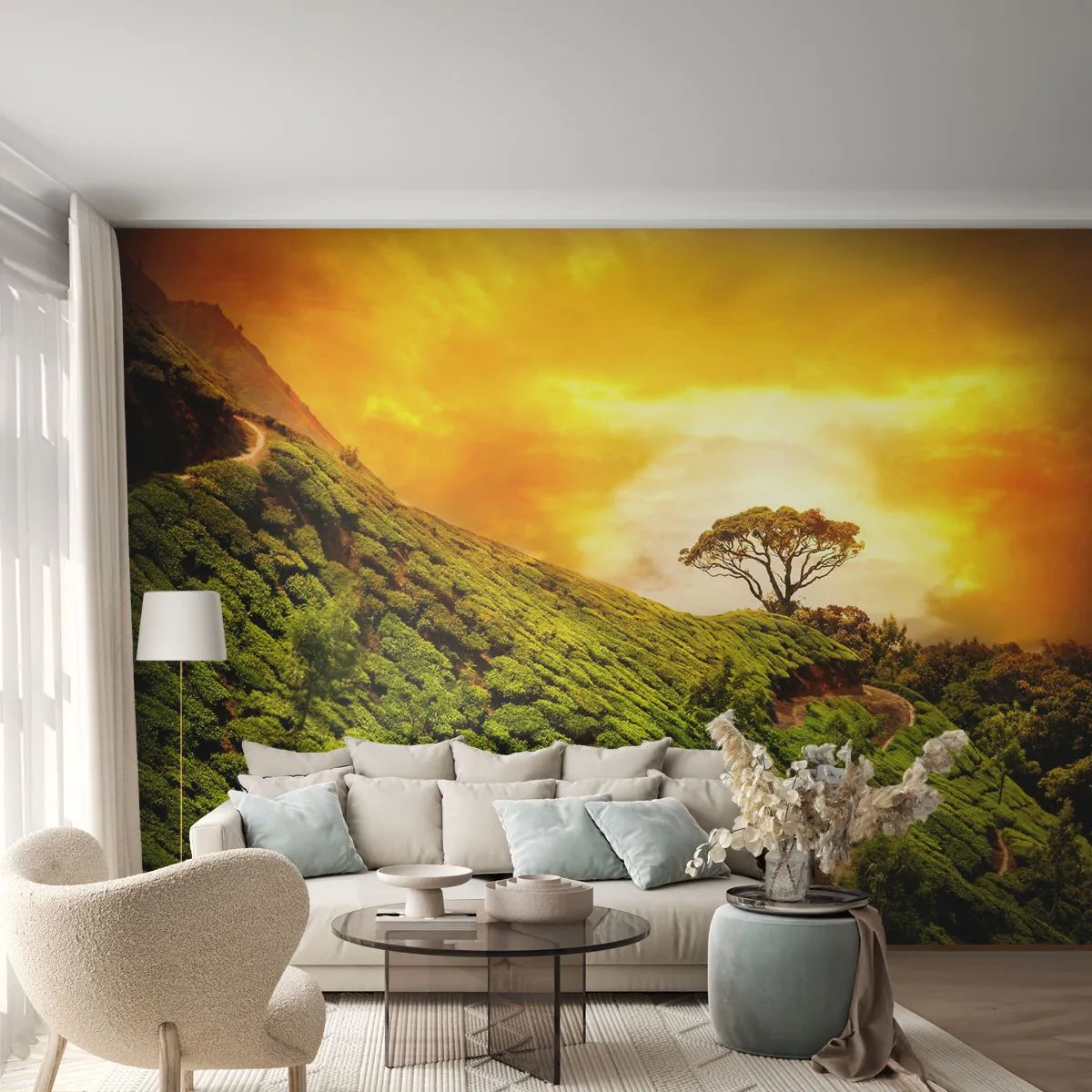 Fotótapéta Premium Sand - Kanyargós ösvény, zöld lejtő - Tájkép, Teaültetvény, India - 100x70 cm