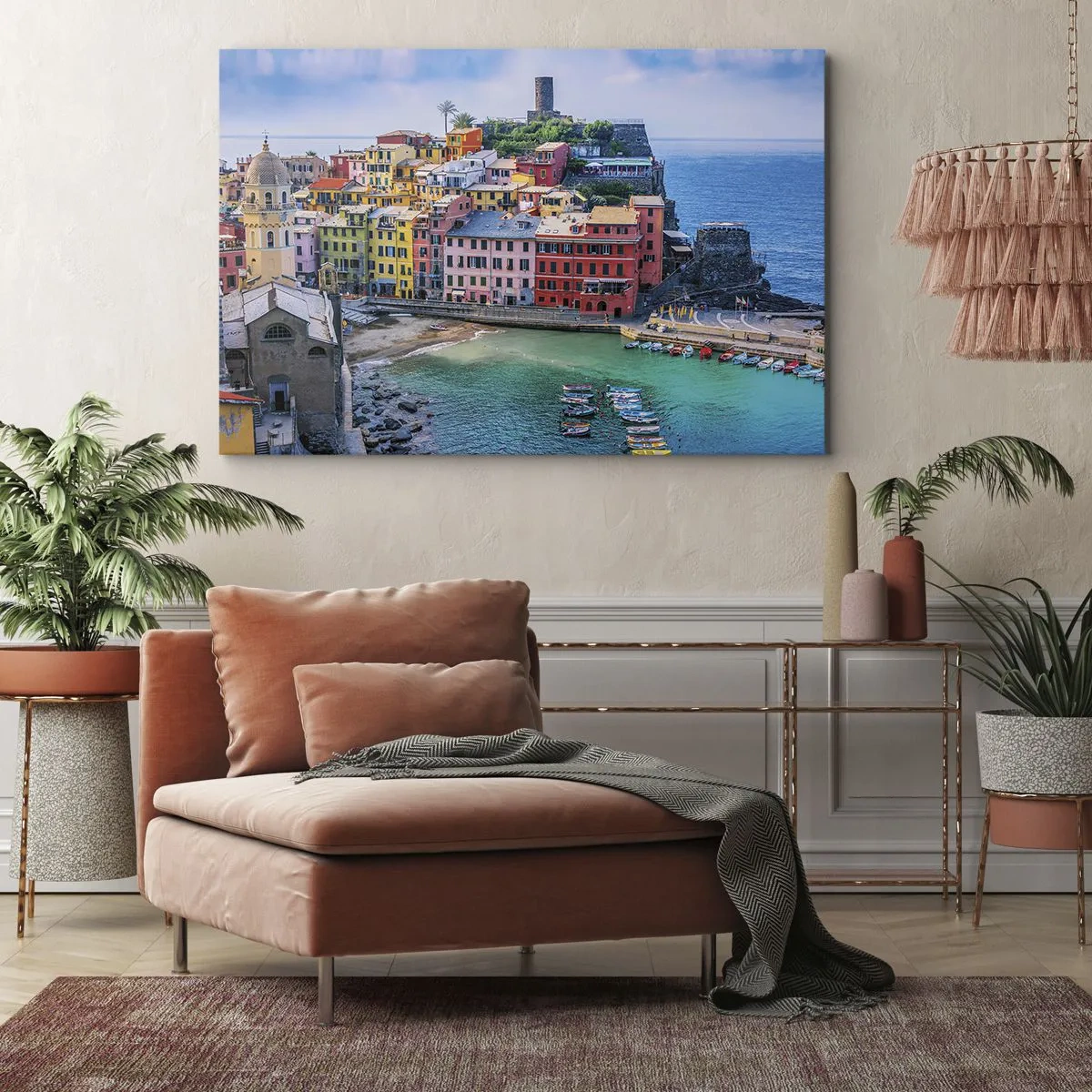 Vászonkép - Egy színes tengerparti város festői kikötővel - 70x50cm - Varázslatos mediterrán város - Modern fali dekoráció nappalihoz és hálószobához ARTTOR