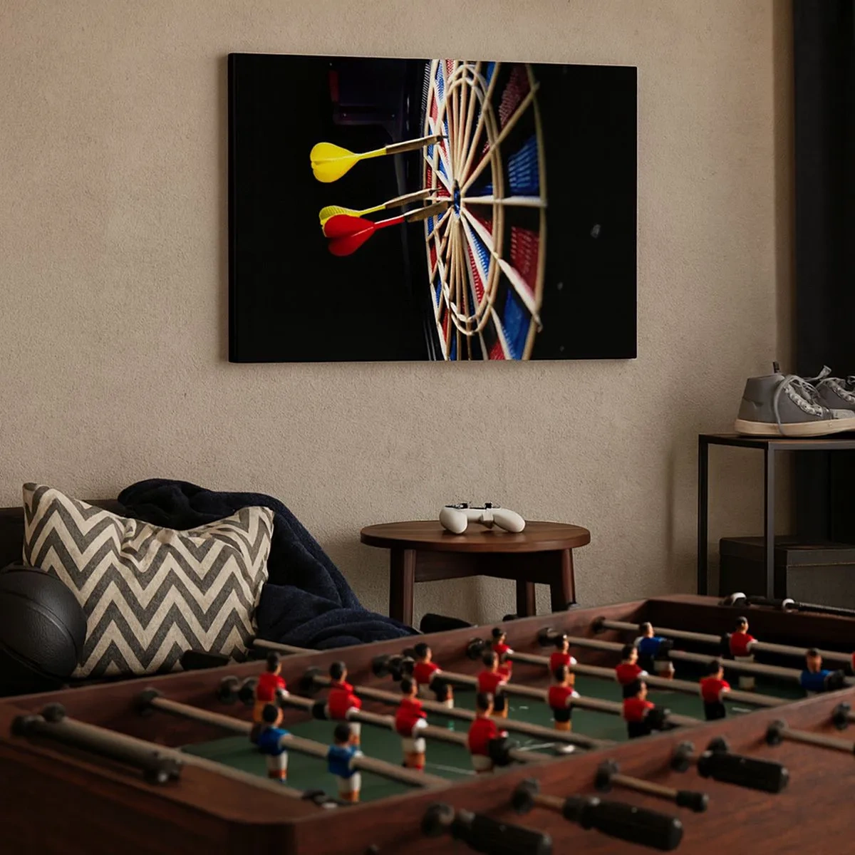 Vászonkép - Egy darts tábla, fekete alapon ütődárdásokkal - 70x50cm - Pont a lényeg - Modern fali dekoráció nappalihoz és hálószobához ARTTOR