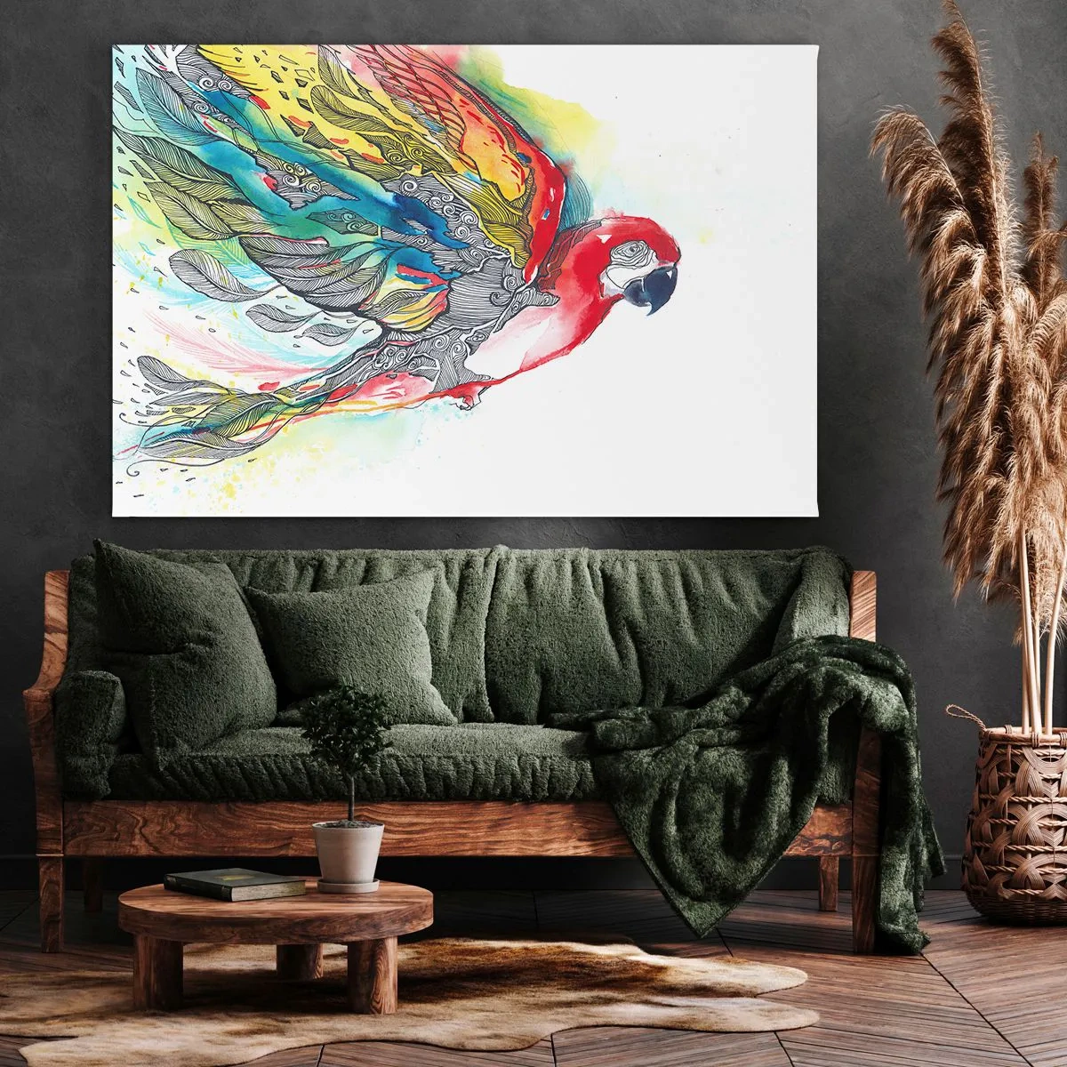 Vászonkép - Egy színes papagáj repülés közben, absztrakt mintákkal a szárnyain. - 70x50cm - Élj színesen - Modern fali dekoráció nappalihoz és hálószobához ARTTOR