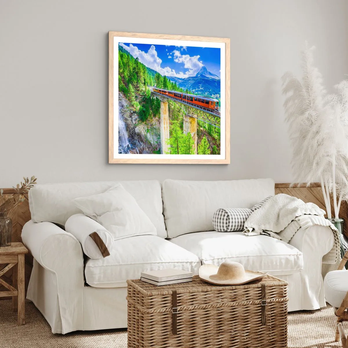 Poszter világos tölgy keretben - Vasút az Alpokba - 60x60 cm