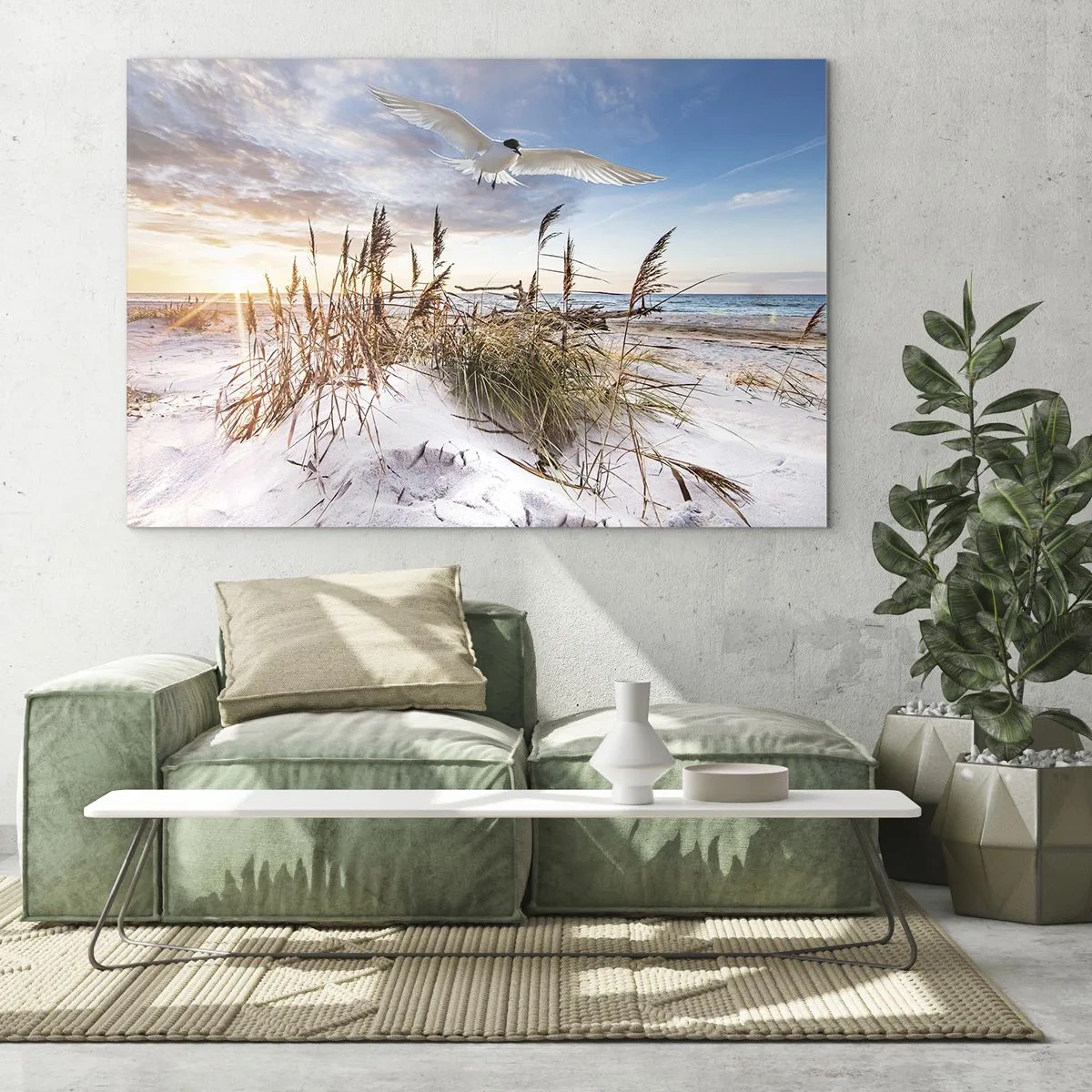 Üveg kép - Egy madár repül a dűnék felett naplementekor - 70x50cm - A tengeri szél - Modern fali dekoráció nappalihoz és hálószobához ARTTOR