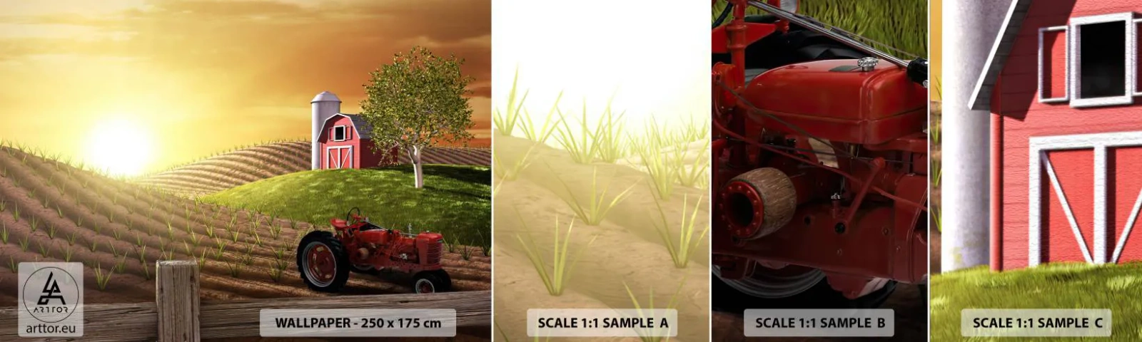 Fotótapéta Minta Öntapadós Deluxe Sticker - Tanya, mint a meséből - Farm, Tájkép, Traktor - 100x30 cm