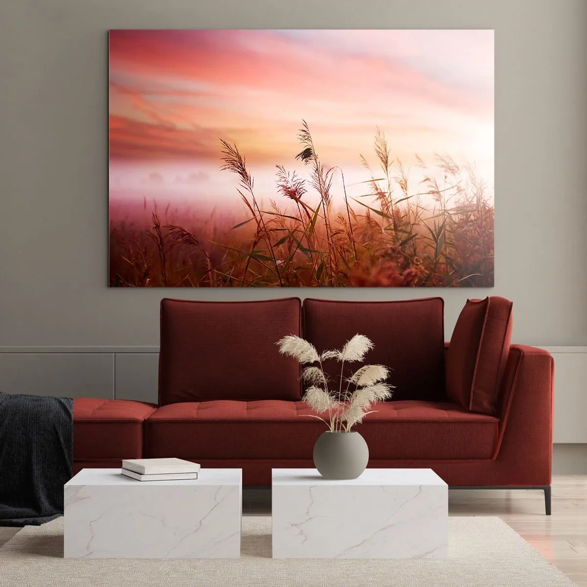 Üveg kép - Egy rét a reggeli ködben, pasztellszínű égbolttal - 70x50cm - Sárkányok, pitypangok, szél - Modern fali dekoráció nappalihoz és hálószobához ARTTOR