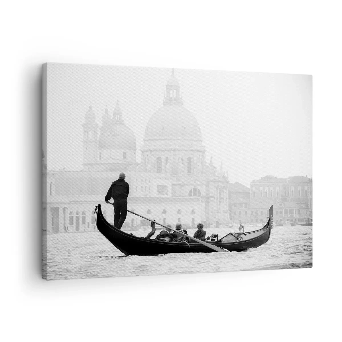 Vászonkép - Egy gondola, a háttérben a bazilikával, fekete-fehérben - 70x50cm - Utazás a szépség forrásaihoz - Modern fali dekoráció nappalihoz és hálószobához ARTTOR