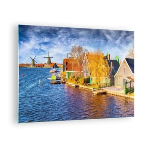 Üveg kép - Festői holland vízparti házak szélmalmokkal - 70x50cm - Évszázadok óta nincs változás - Modern fali dekoráció nappalihoz és hálószobához ARTTOR