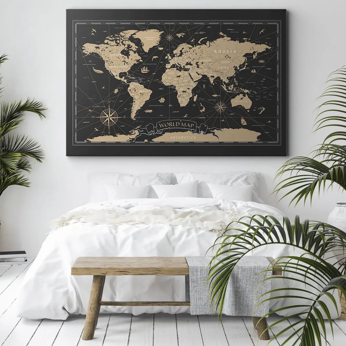 Vászonkép - Stilizált világtérkép fekete alapon bézs díszítéssel. - 70x50cm - A világom határai - Modern fali dekoráció nappalihoz és hálószobához ARTTOR