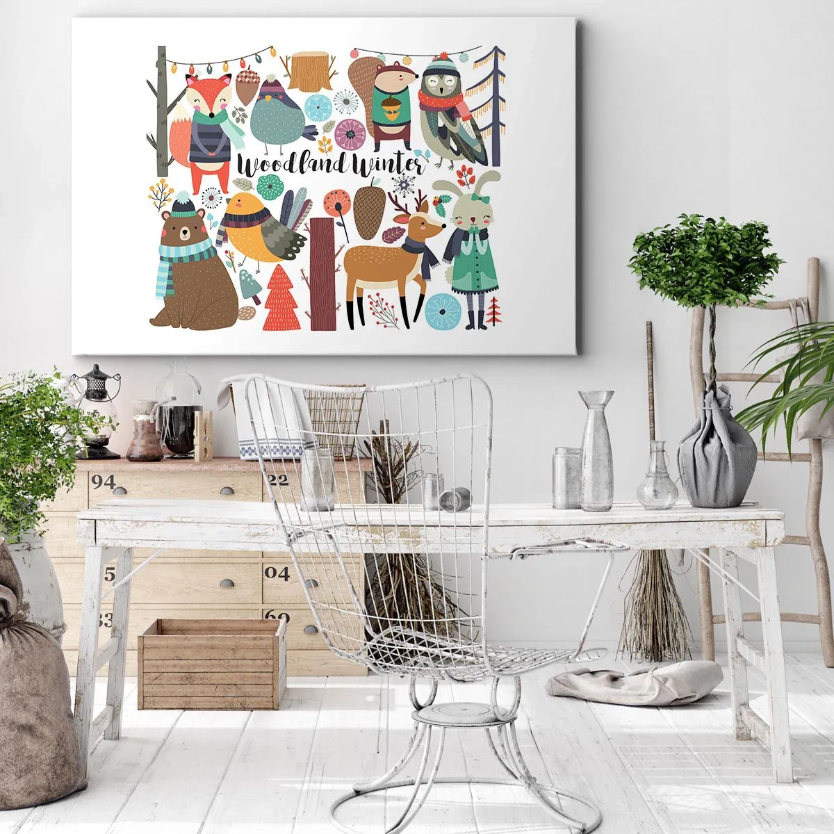 Vászonkép - Téli erdei állatok színes grafikákkal - 70x50cm - Mesebeli ünnepek az erdőben - Modern fali dekoráció nappalihoz és hálószobához ARTTOR