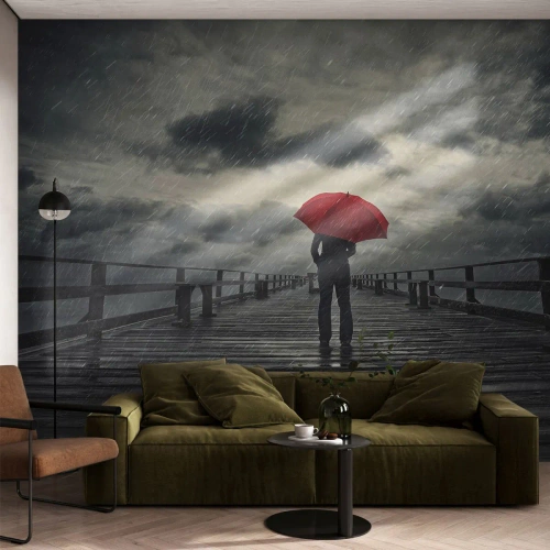 Egyedi tapéta Premium Canvas - Nem számít, hogy esik - Fa móló, Tenger, Sétálj az esőben