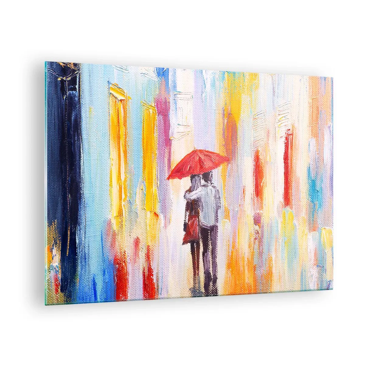 Üveg kép - Egy pár piros esernyőt tart az esőben, egy színes utca hátterében. - 70x50cm - Hadd essen az eső - Modern fali dekoráció nappalihoz és hálószobához ARTTOR