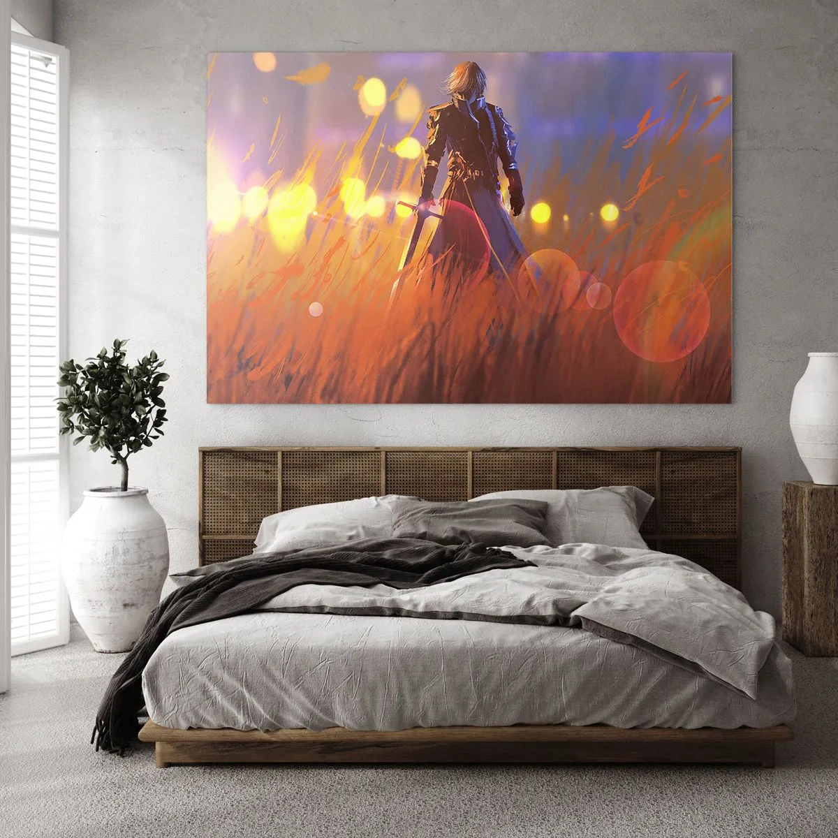 Üveg kép - Egy páncélos alak narancssárga fűben, világító háttérrel. - 70x50cm - Tévedő lovag - Modern fali dekoráció nappalihoz és hálószobához ARTTOR