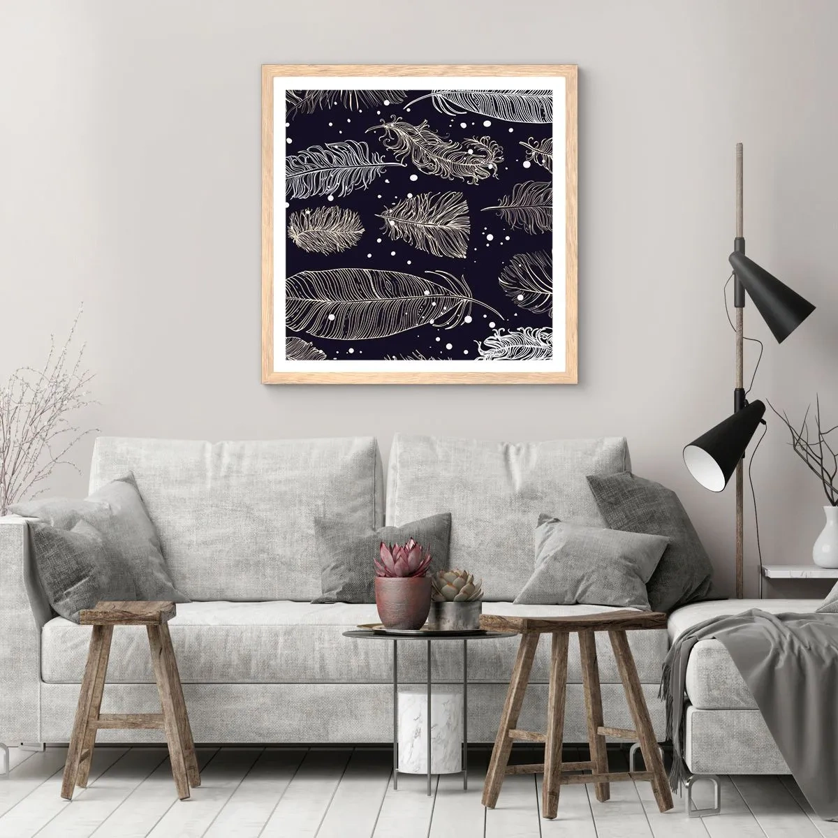 Poszter világos tölgy keretben - Tollas csipke - 50x50 cm
