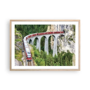 Poszter világos tölgy keretben - Vasút hegyi kilátással - 70x50 cm