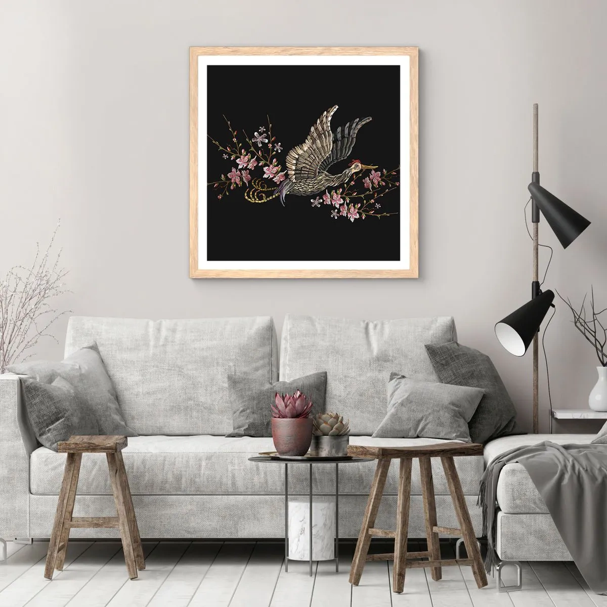 Poszter világos tölgy keretben - Egzotikus hímzett madár - 40x40 cm