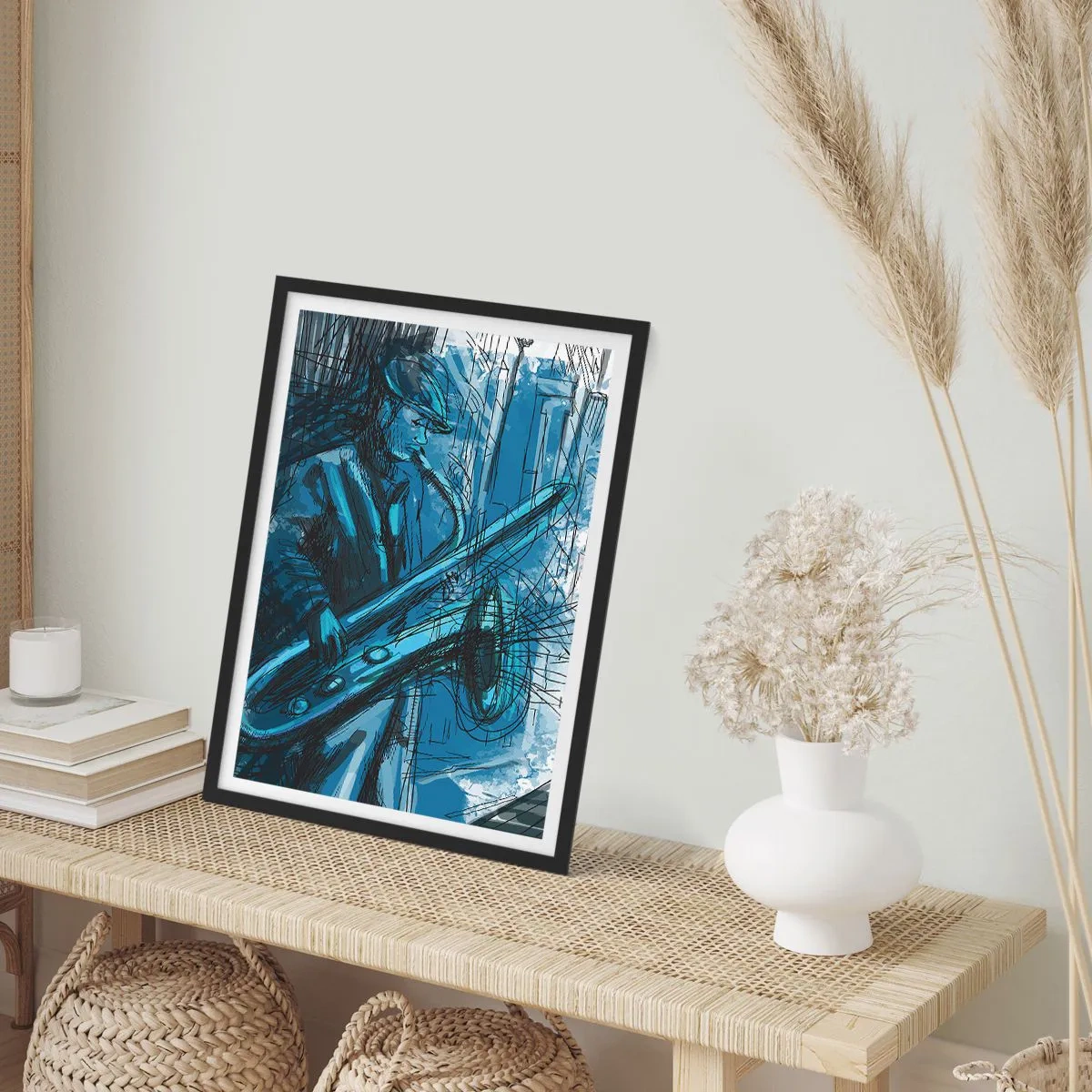 Poszter fehér keretben - Szaxofonon játszó zenész művészi vázlata - 50x70cm - Városi rapszódia - Modern fali dekoráció nappalihoz és hálószobához ARTTOR
