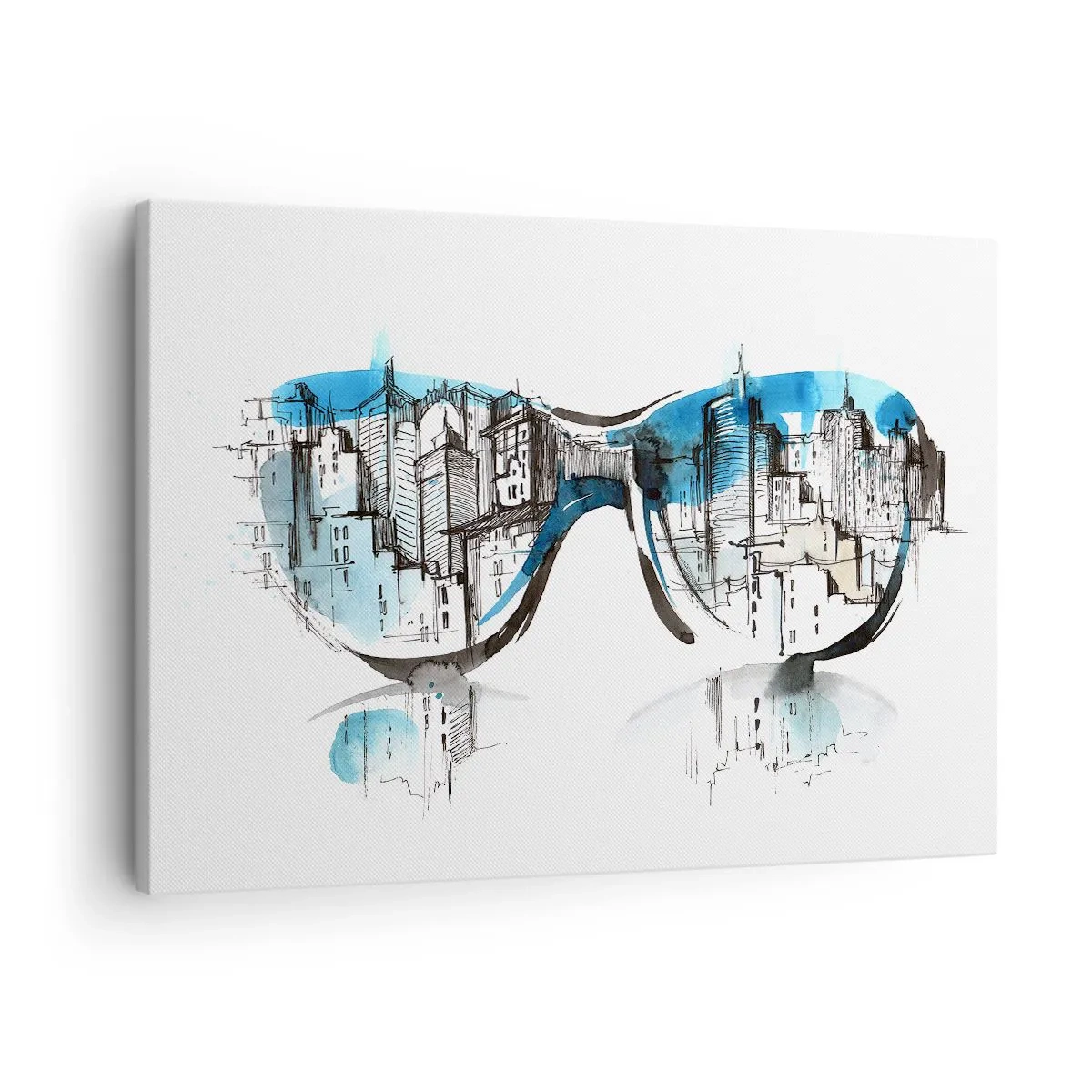 Vászonkép - A város panorámájának akvarellje tükröződik a szemüvegben - 70x50cm - Nagyvárosi sikk - Modern fali dekoráció nappalihoz és hálószobához ARTTOR