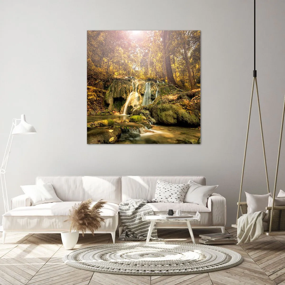 Vászonkép - Erdei vízesés a zöldben - 40x40 cm