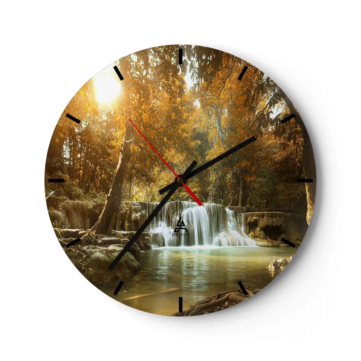 Falióra, Óra - Egy festői vízesés, őszi fákkal körülvéve - 30x30cm - Park kaszkád - Modern fali dekoráció nappalihoz, konyhához és hálószobához ARTTOR