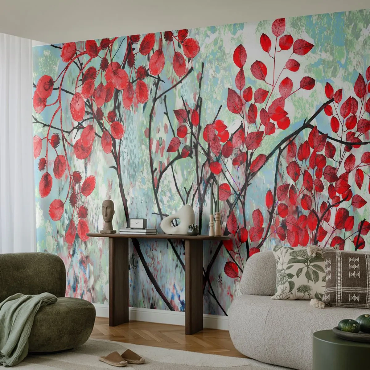 Fotótapéta Premium Canvas - Fa skarlát színben - Absztrakció, Vörös Levelek, Ág - 250x175 cm
