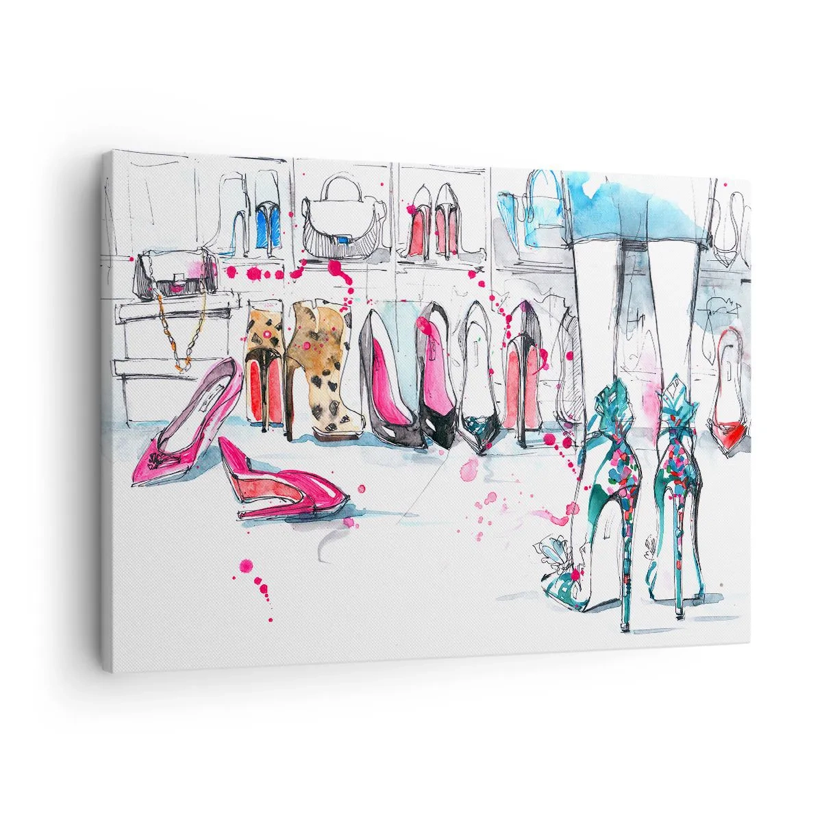Vászonkép - Művészi grafika magas sarkú cipőkkel és kiegészítőkkel - 70x50cm - Szezám, tárulj! - Modern fali dekoráció nappalihoz és hálószobához ARTTOR
