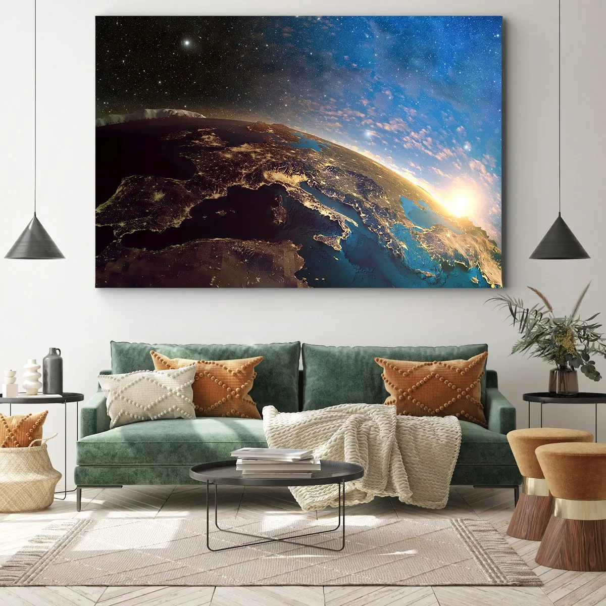 Vászonkép - Föld látképe az űrből napfelkeltekor - 70x50cm - Tekintsünk magunkra távolról - Modern fali dekoráció nappalihoz és hálószobához ARTTOR