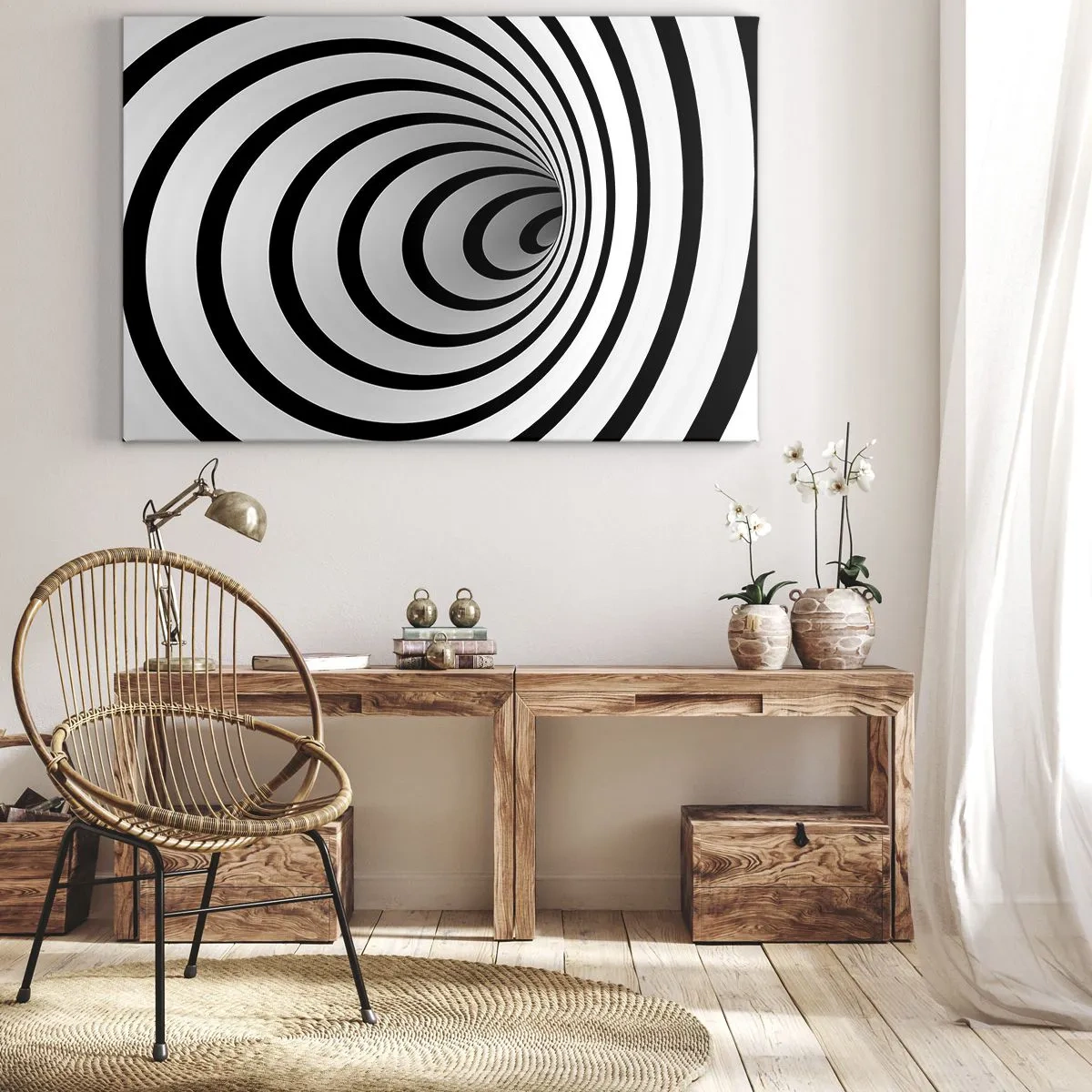 Vászonkép - Egy fekete-fehér spirál hipnotikus hatást kelt - 70x50cm - Te sem tudsz ellenállni? - Modern fali dekoráció nappalihoz és hálószobához ARTTOR