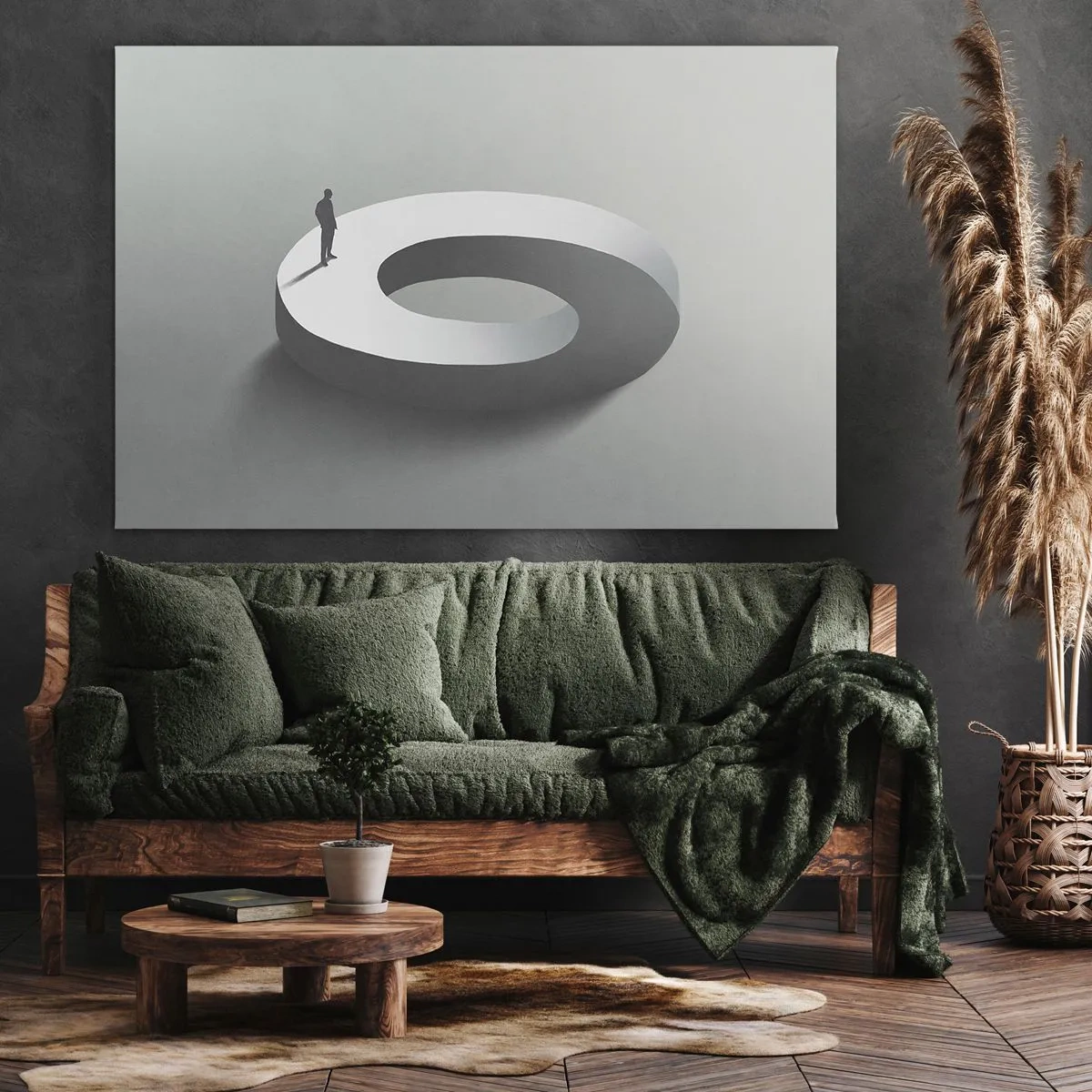 Vászonkép - Egy férfi egy szürke, absztrakt szerkezeten - 70x50cm - És bölcsnek lenni - Modern fali dekoráció nappalihoz és hálószobához ARTTOR