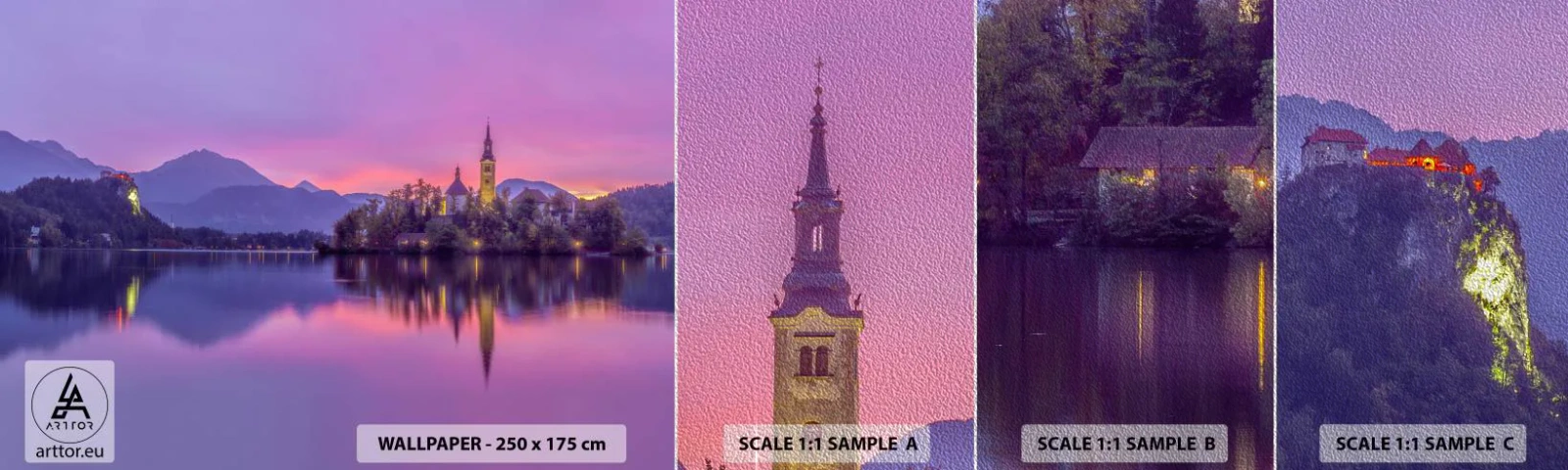 Fotótapéta Minta Premium Sand - Mesebeli sziget alkonyatkor - Tájkép, Szlovénia, Bled-sziget - 100x30 cm