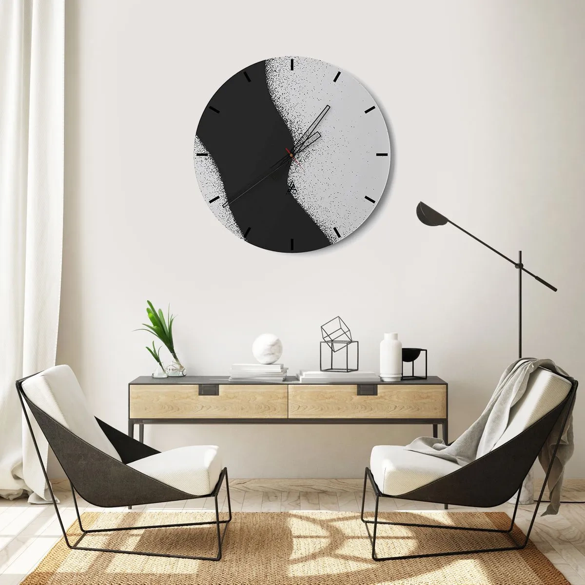 Falióra, Óra - Fekete-fehér absztrakció sima átmenettel és szemcsés hatással - 30x30cm - Folyékony egyensúly - Modern fali dekoráció nappalihoz, konyhához és hálószobához ARTTOR