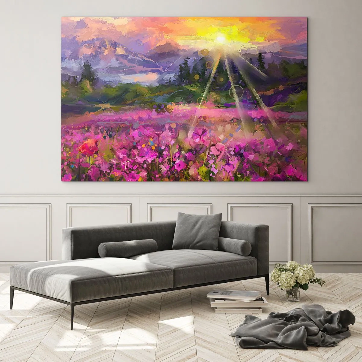 Üveg kép - Egy festői völgy, tele virágokkal, melyeket a nap sugarai világítanak meg - 70x50cm - A völgyben a nap védelme alatt - Modern fali dekoráció nappalihoz és hálószobához ARTTOR