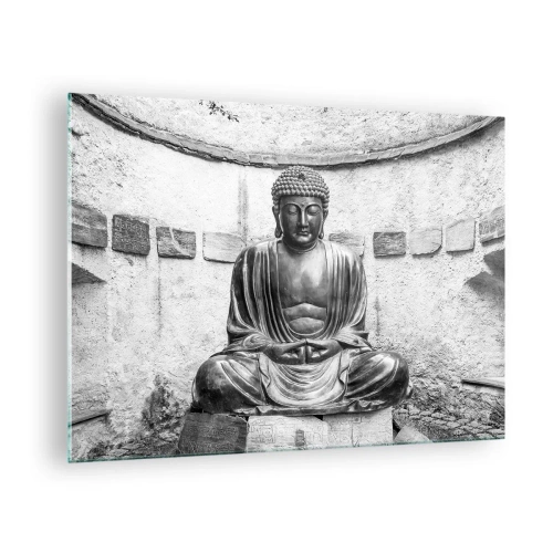 Üveg kép - Fekete-fehér Buddha-szobor meditatív pózban - 70x50cm - A béke forrásánál - Modern fali dekoráció nappalihoz és hálószobához ARTTOR