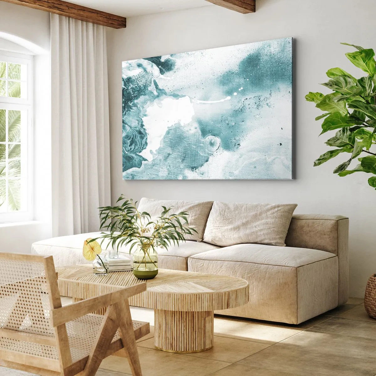 Vászonkép - Absztrakció kék árnyalatokban, finom fehér akcentusokkal - 70x50cm - Kék holtágai - Modern fali dekoráció nappalihoz és hálószobához ARTTOR