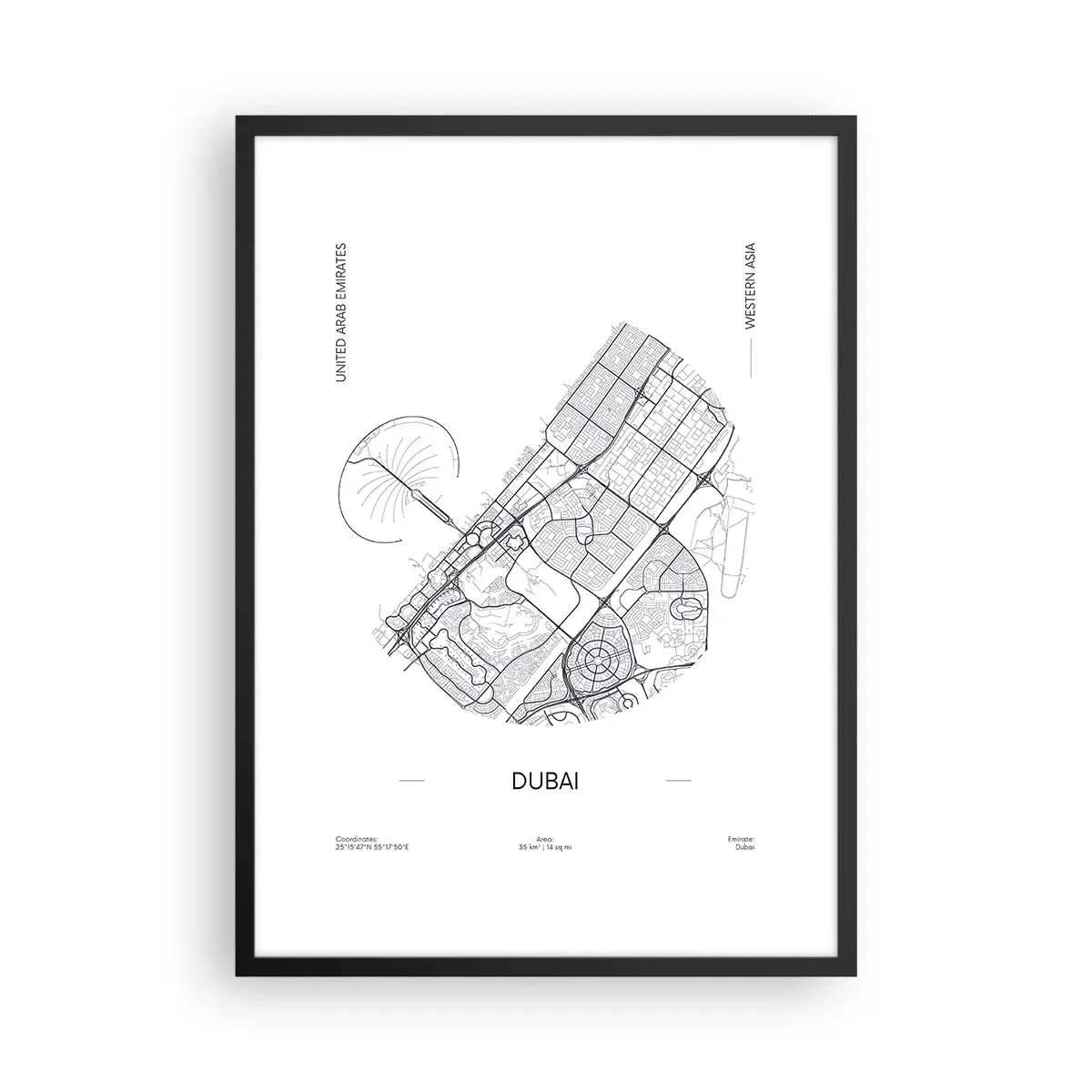 Poszter fehér keretben - Minimalista fekete-fehér térkép Dubaiból - 50x70cm - Dubai anatómiája - Modern fali dekoráció nappalihoz és hálószobához ARTTOR
