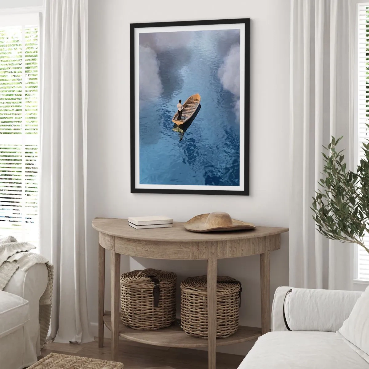 Poszter fehér keretben - Egy személy egy csónakban úszik a vízen, tükrözve az eget és a felhőket. - 50x70cm - Az élet - az utazás - az ismeretlen - Modern fali dekoráció nappalihoz és hálószobához ARTTOR