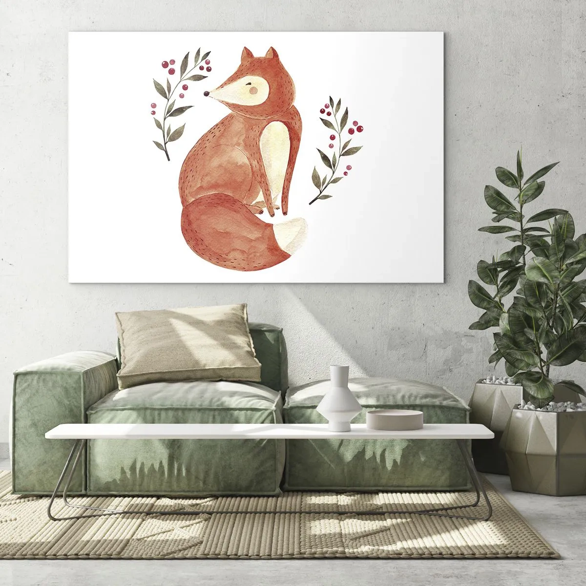 Üveg kép - Imádnivaló akvarell róka gallyakkal és bogyókkal - 70x50cm - Kis vörös hajú - Modern fali dekoráció nappalihoz és hálószobához ARTTOR