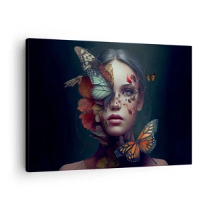 Vászonkép - Portré egy nőről pillangókkal és növényi elemekkel - 70x50cm - Egy csodálatos metamorfózis - Modern fali dekoráció nappalihoz és hálószobához ARTTOR