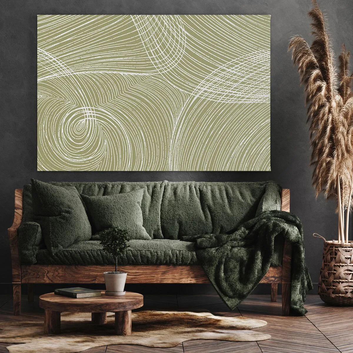 Vászonkép - Zöld és fehér vonalak egy absztrakt kompozícióban - 70x50cm - Bonyolult absztrakció fehérben - Modern fali dekoráció nappalihoz és hálószobához ARTTOR