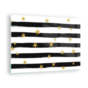 Üveg kép - Fekete-fehér csíkok arany csillagokkal - 70x50cm - Mindannyian szerencsés csillag alatt születtünk - Modern fali dekoráció nappalihoz és hálószobához ARTTOR