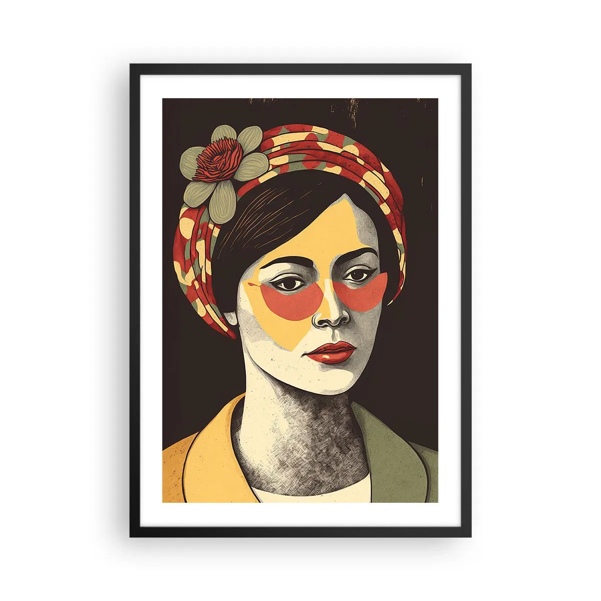 Poszter fehér keretben - Stilizált portré egy nőről turbánban, virágmintás díszítéssel - 50x70cm - Korall hölgy - Modern fali dekoráció nappalihoz és hálószobához ARTTOR