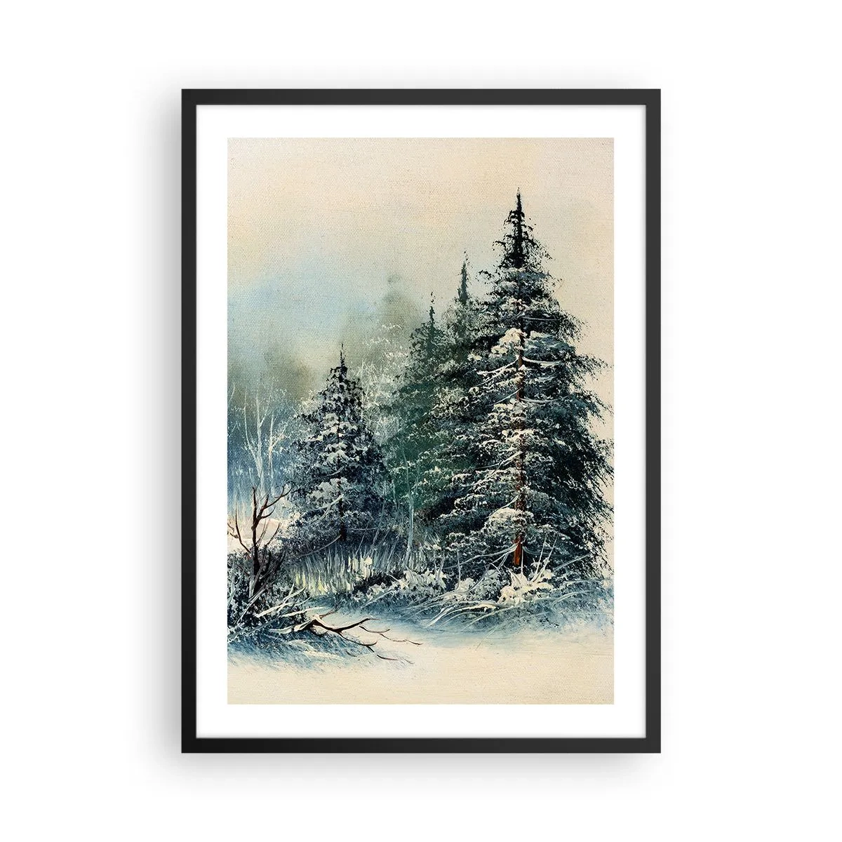 Poszter fehér keretben - Hóval borított fák egy téli erdőben a nyugodt égbolt ellen - 50x70cm - Karácsonyra készen - Modern fali dekoráció nappalihoz és hálószobához ARTTOR