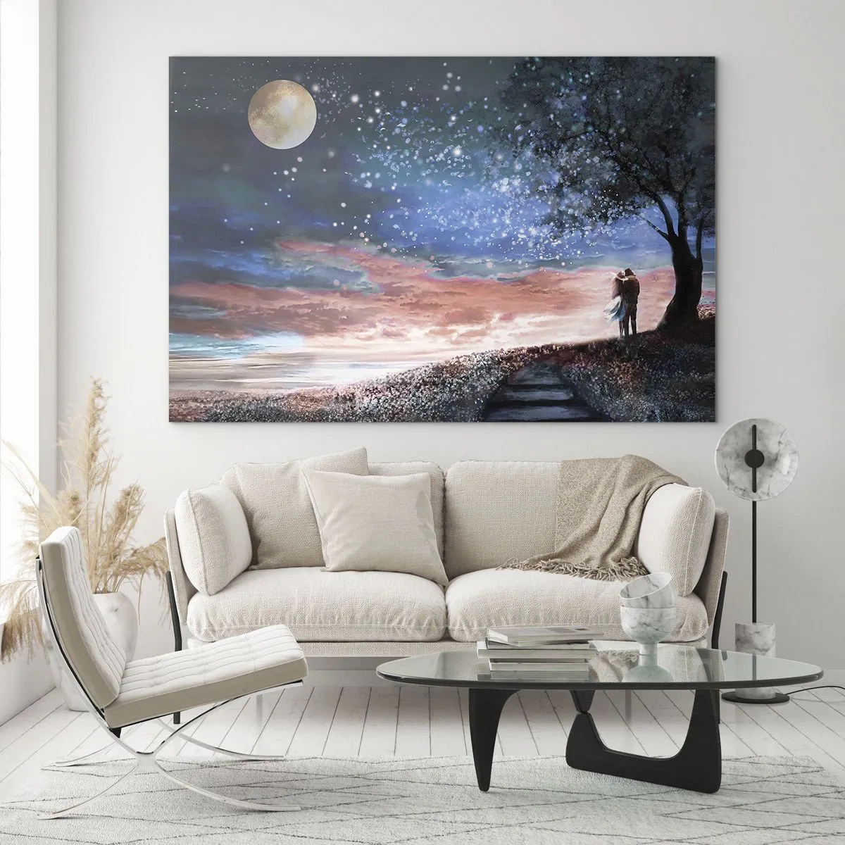 Üveg kép - Egy szerelmes pár egy fa alatt, a holddal és a csillagokkal - 70x50cm - Csillagos előadás - Modern fali dekoráció nappalihoz és hálószobához ARTTOR