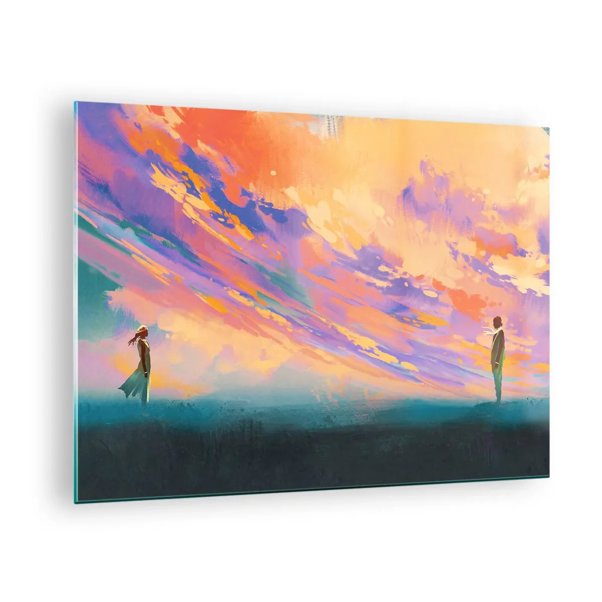 Üveg kép - Két ember a színes naplemente hátterében - 70x50cm - Vonzási erő - Modern fali dekoráció nappalihoz és hálószobához ARTTOR
