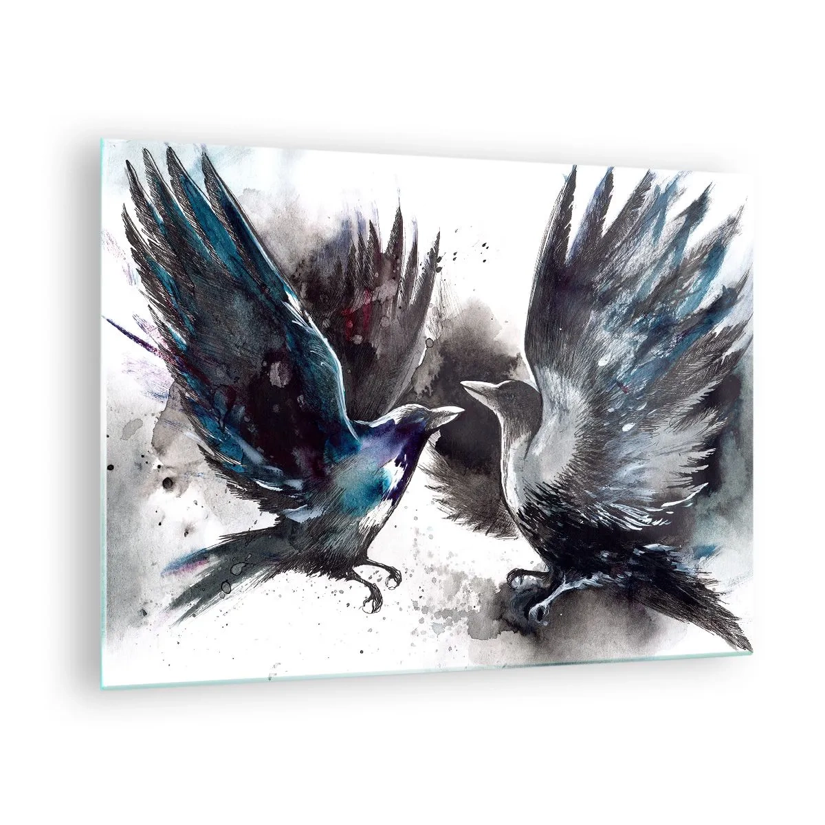Üveg kép - Két holló dinamikus pózban, széttárt szárnyakkal - 70x50cm - Varjú a varjúnak… - Modern fali dekoráció nappalihoz és hálószobához ARTTOR
